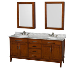 Load image into Gallery viewer, Wyndham Hatton 72 Inch Double Bathroom Vanity in Light Chestnut, White Carrara Marble Countertop, Undermount Oval Sinks, and Medicine Cabinets- Wyndham
