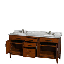 Load image into Gallery viewer, Wyndham Hatton 72 Inch Double Bathroom Vanity in Light Chestnut, White Carrara Marble Countertop, Undermount Oval Sinks, and No Mirror- Wyndham