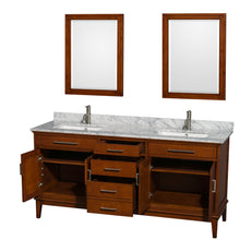 Load image into Gallery viewer, Wyndham Hatton 72 Inch Double Bathroom Vanity in Light Chestnut, White Carrara Marble Countertop, Undermount Square Sinks, and 24 Inch Mirrors- Wyndham