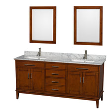 Load image into Gallery viewer, Wyndham Hatton 72 Inch Double Bathroom Vanity in Light Chestnut, White Carrara Marble Countertop, Undermount Square Sinks, and 24 Inch Mirrors- Wyndham