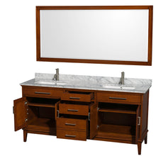 Load image into Gallery viewer, Wyndham Hatton 72 Inch Double Bathroom Vanity in Light Chestnut, White Carrara Marble Countertop, Undermount Square Sinks, and 70 Inch Mirror- Wyndham
