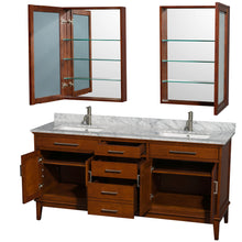 Load image into Gallery viewer, Wyndham Hatton 72 Inch Double Bathroom Vanity in Light Chestnut, White Carrara Marble Countertop, Undermount Square Sinks, and Medicine Cabinets- Wyndham