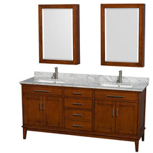 Load image into Gallery viewer, Wyndham Hatton 72 Inch Double Bathroom Vanity in Light Chestnut, White Carrara Marble Countertop, Undermount Square Sinks, and Medicine Cabinets- Wyndham