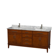Load image into Gallery viewer, Wyndham Hatton 72 Inch Double Bathroom Vanity in Light Chestnut, White Carrara Marble Countertop, Undermount Square Sinks, and No Mirror- Wyndham