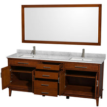 Load image into Gallery viewer, Wyndham Hatton 80 Inch Double Bathroom Vanity in Light Chestnut, White Carrara Marble Countertop, Undermount Square Sinks, and 70 Inch Mirror- Wyndham