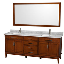 Load image into Gallery viewer, Wyndham Hatton 80 Inch Double Bathroom Vanity in Light Chestnut, White Carrara Marble Countertop, Undermount Square Sinks, and 70 Inch Mirror- Wyndham