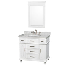 Load image into Gallery viewer, Wyndham Berkeley 36 Inch Single Bathroom Vanity in White with White Carrara Marble Top with White Undermount Oval Sink and 24 Inch Mirror- Wyndham