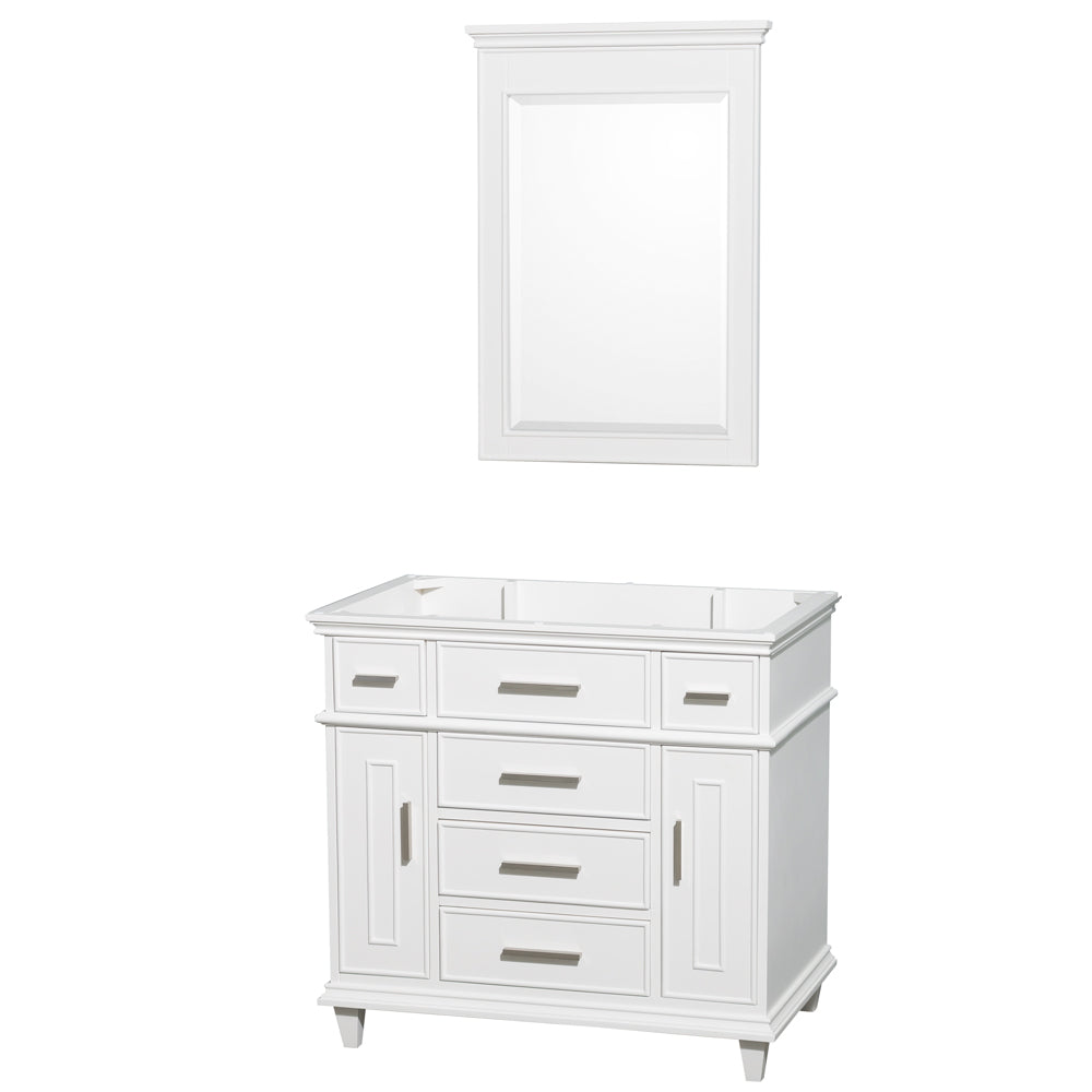 Wyndham Berkeley 36 Inch Single Bathroom Vanity in White with No Countertop and No Sink and 24 Inch Mirror- Wyndham