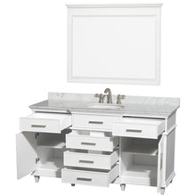 Load image into Gallery viewer, Wyndham Berkeley 60 Inch Single Bathroom Vanity in White with White Carrara Marble Top with White Undermount Oval Sink and 44 Inch Mirror- Wyndham
