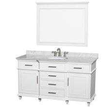 Load image into Gallery viewer, Wyndham Berkeley 60 Inch Single Bathroom Vanity in White with White Carrara Marble Top with White Undermount Oval Sink and 44 Inch Mirror- Wyndham