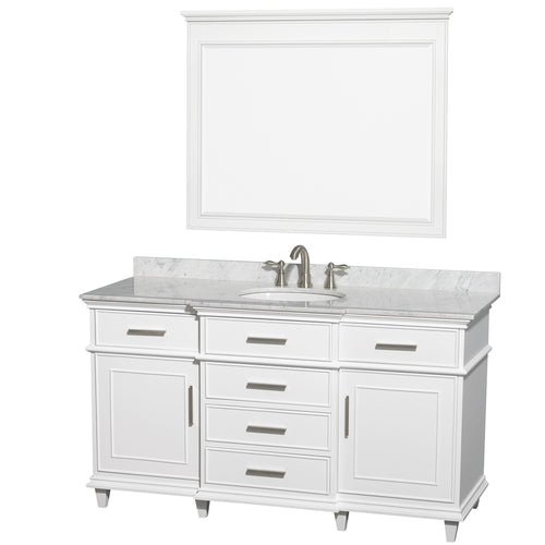 Wyndham Berkeley 60 Inch Single Bathroom Vanity in White with White Carrara Marble Top with White Undermount Oval Sink and 44 Inch Mirror- Wyndham