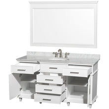 Load image into Gallery viewer, Wyndham Berkeley 60 Inch Single Bathroom Vanity in White with White Carrara Marble Top with White Undermount Oval Sink and 56 Inch Mirror- Wyndham