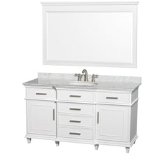 Load image into Gallery viewer, Wyndham Berkeley 60 Inch Single Bathroom Vanity in White with White Carrara Marble Top with White Undermount Oval Sink and 56 Inch Mirror- Wyndham