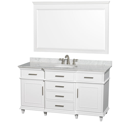 Wyndham Berkeley 60 Inch Single Bathroom Vanity in White with White Carrara Marble Top with White Undermount Oval Sink and 56 Inch Mirror- Wyndham