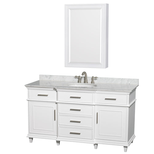 Wyndham Berkeley 60 Inch Single Bathroom Vanity in White, White Carrara Marble Countertop, Undermount Round Sink, 24 Inch Medicine Cabinet- Wyndham