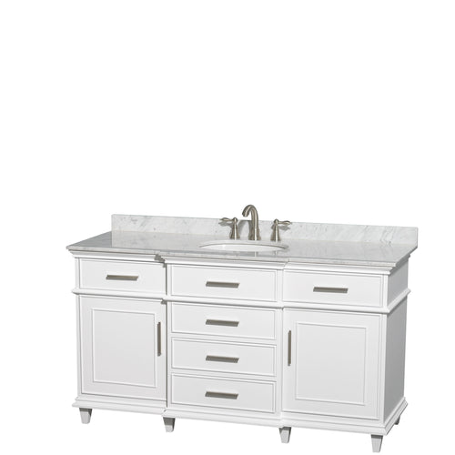 Wyndham Berkeley 60 Inch Single Bathroom Vanity in White with White Carrara Marble Top with White Undermount Oval Sink and No Mirror- Wyndham
