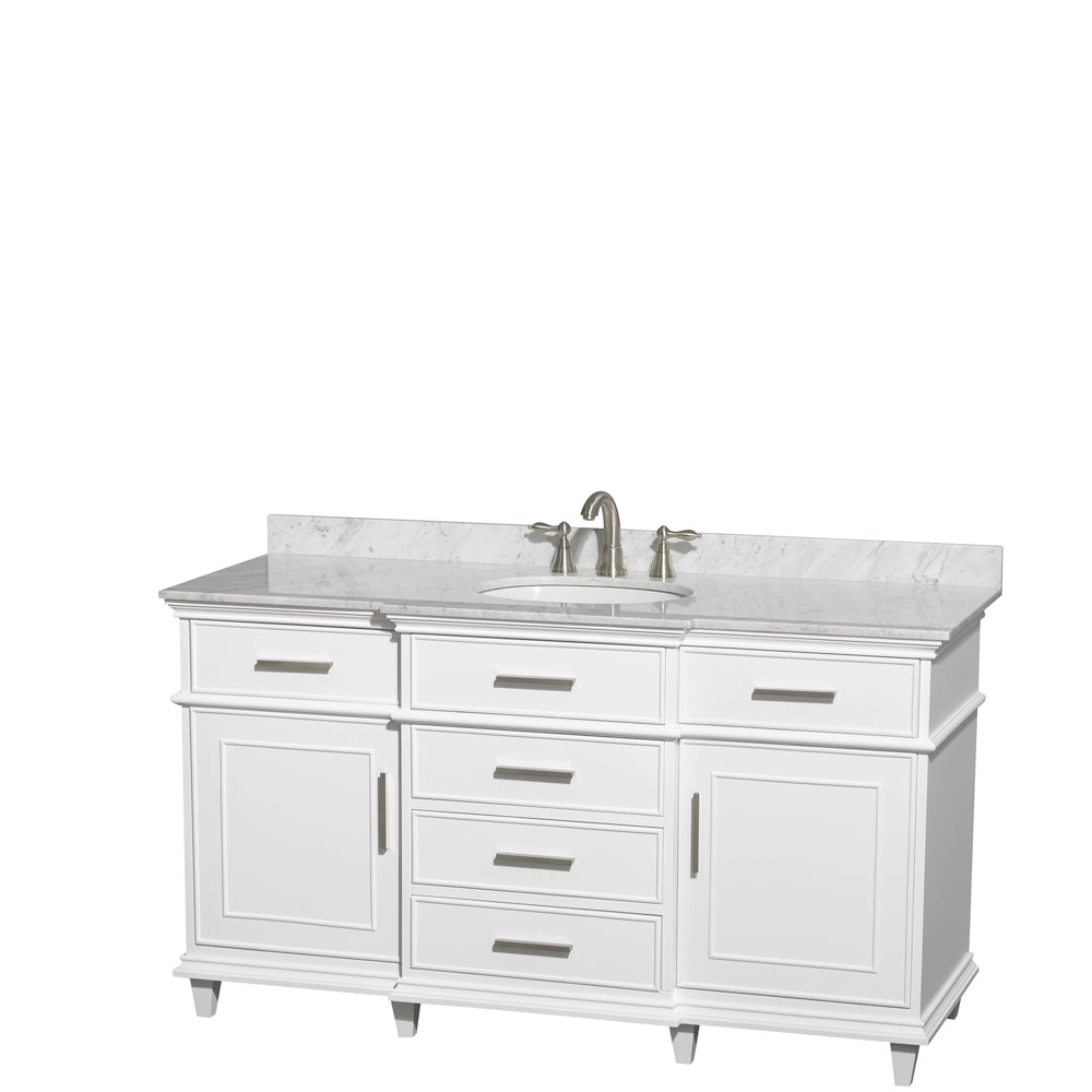 Wyndham Berkeley 60 Inch Single Bathroom Vanity in White with White Carrara Marble Top with White Undermount Oval Sink and No Mirror- Wyndham