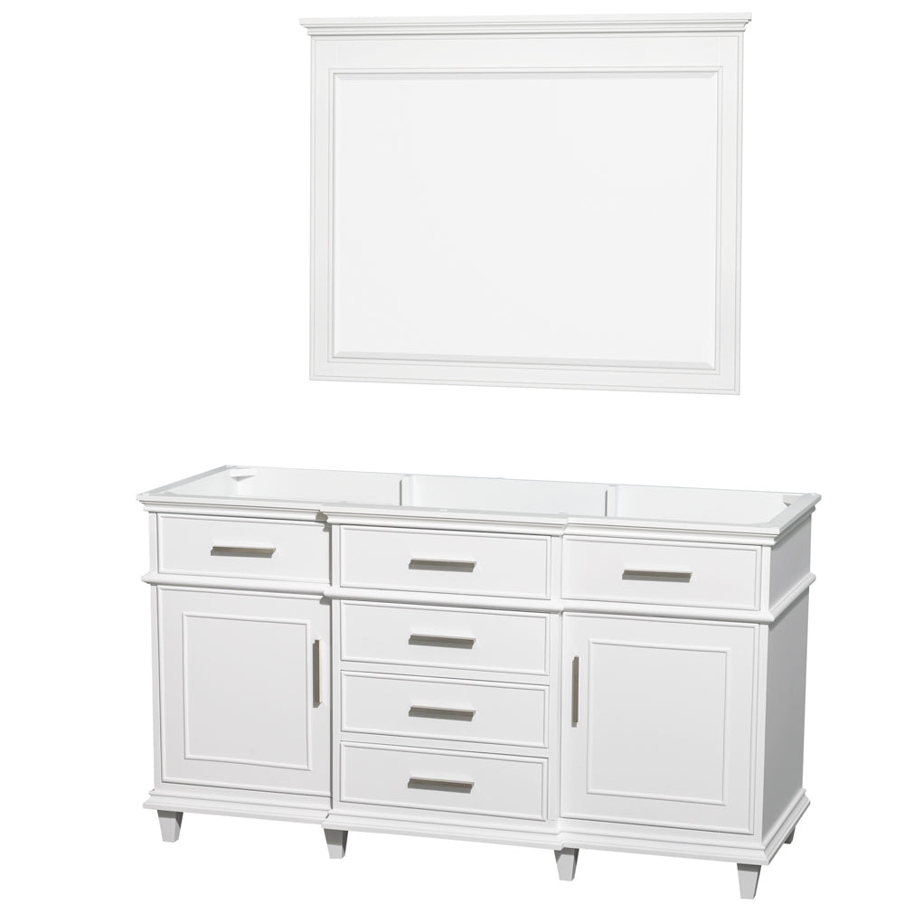 Wyndham Berkeley 60 Inch Single Bathroom Vanity in White with No Countertop and No Sink and 44 Inch Mirror- Wyndham