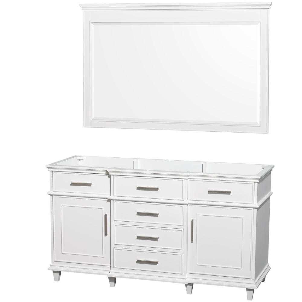 Wyndham Berkeley 60 Inch Single Bathroom Vanity in White with No Countertop and No Sink and 56 Inch Mirror- Wyndham