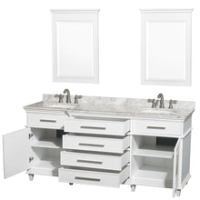 Load image into Gallery viewer, Wyndham Berkeley 72 Inch Double Bathroom Vanity in White with White Carrara Marble Top with White Undermount Oval Sinks and 24 Inch Mirrors- Wyndham