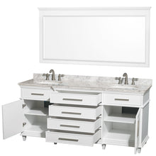 Load image into Gallery viewer, Wyndham Berkeley 72 Inch Double Bathroom Vanity in White with White Carrara Marble Top with White Undermount Oval Sinks and 70 Inch Mirror- Wyndham