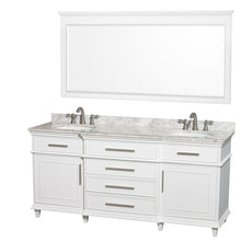 Load image into Gallery viewer, Wyndham Berkeley 72 Inch Double Bathroom Vanity in White with White Carrara Marble Top with White Undermount Oval Sinks and 70 Inch Mirror- Wyndham