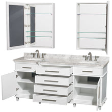 Load image into Gallery viewer, Wyndham Berkeley 72 Inch Double Bathroom Vanity in White, White Carrara Marble Countertop, Undermount Round Sinks, 24 Inch Medicine Cabinets- Wyndham