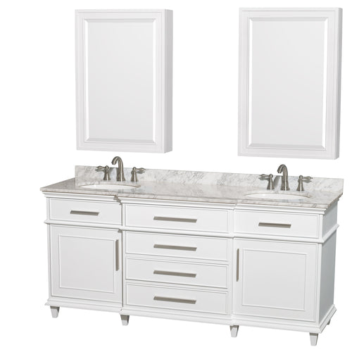 Wyndham Berkeley 72 Inch Double Bathroom Vanity in White, White Carrara Marble Countertop, Undermount Round Sinks, 24 Inch Medicine Cabinets- Wyndham