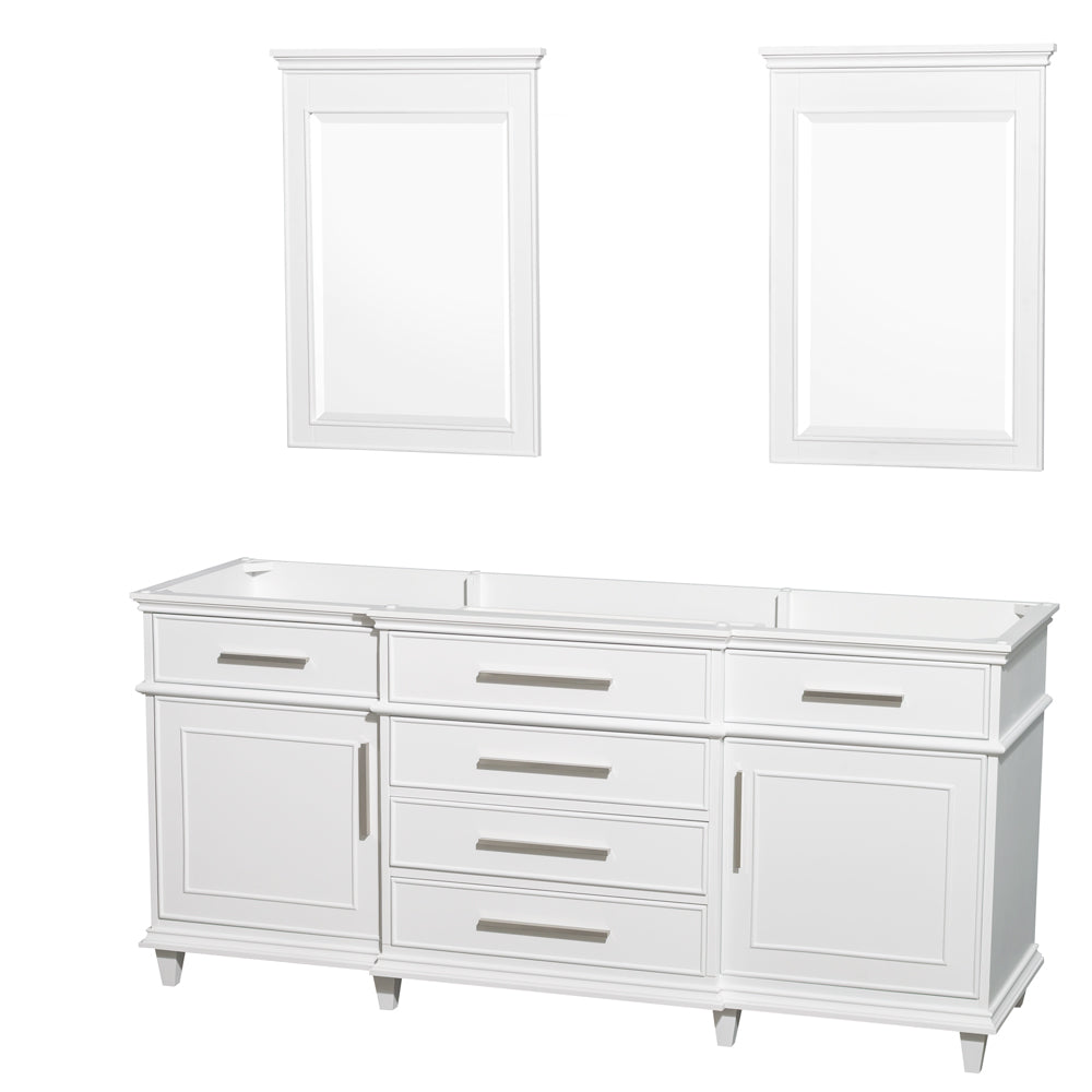 Wyndham Berkeley 72 Inch Double Bathroom Vanity in White with No Countertop and No Sinks and 24 Inch Mirrors- Wyndham