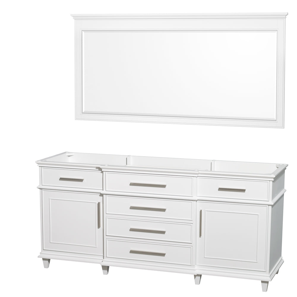 Wyndham Berkeley 72 Inch Double Bathroom Vanity in White with No Countertop and No Sinks and 70 Inch Mirror- Wyndham