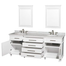 Load image into Gallery viewer, Wyndham Berkeley 80 Inch Double Bathroom Vanity in White with White Carrara Marble Top with White Undermount Oval Sinks and 24 Inch Mirrors- Wyndham