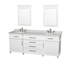 Load image into Gallery viewer, Wyndham Berkeley 80 Inch Double Bathroom Vanity in White with White Carrara Marble Top with White Undermount Oval Sinks and 24 Inch Mirrors- Wyndham