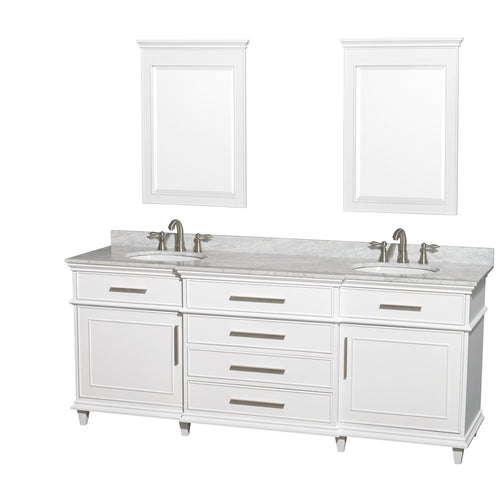 Wyndham Berkeley 80 Inch Double Bathroom Vanity in White with White Carrara Marble Top with White Undermount Oval Sinks and 24 Inch Mirrors- Wyndham