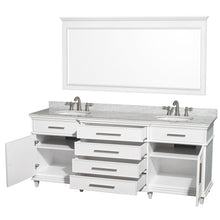 Load image into Gallery viewer, Wyndham Berkeley 80 Inch Double Bathroom Vanity in White with White Carrara Marble Top with White Undermount Oval Sinks and 70 Inch Mirror- Wyndham