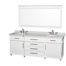 Load image into Gallery viewer, Wyndham Berkeley 80 Inch Double Bathroom Vanity in White with White Carrara Marble Top with White Undermount Oval Sinks and 70 Inch Mirror- Wyndham