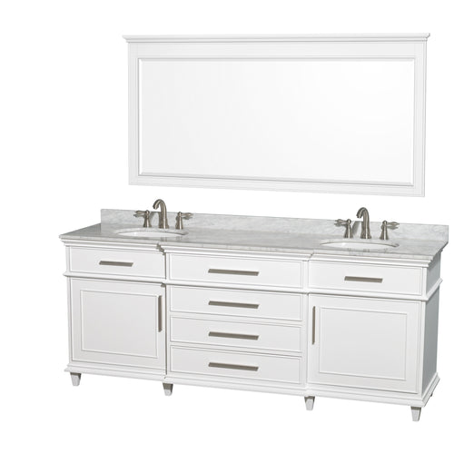 Wyndham Berkeley 80 Inch Double Bathroom Vanity in White with White Carrara Marble Top with White Undermount Oval Sinks and 70 Inch Mirror- Wyndham