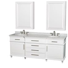 Load image into Gallery viewer, Wyndham Berkeley 80 Inch Double Bathroom Vanity in White, White Carrara Marble Countertop, Undermount Round Sinks, 24 Inch Medicine Cabinets- Wyndham
