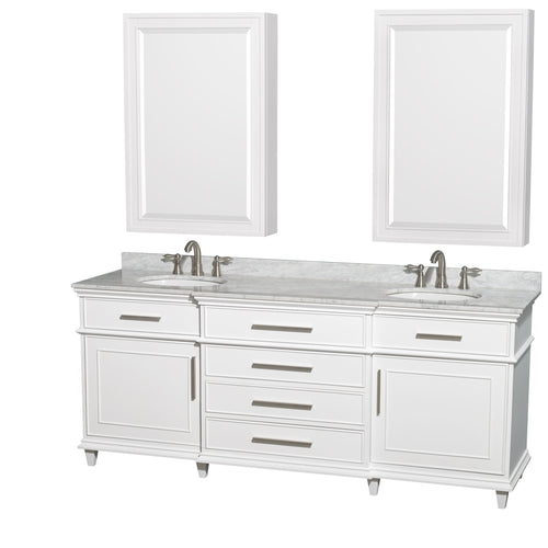 Wyndham Berkeley 80 Inch Double Bathroom Vanity in White, White Carrara Marble Countertop, Undermount Round Sinks, 24 Inch Medicine Cabinets- Wyndham