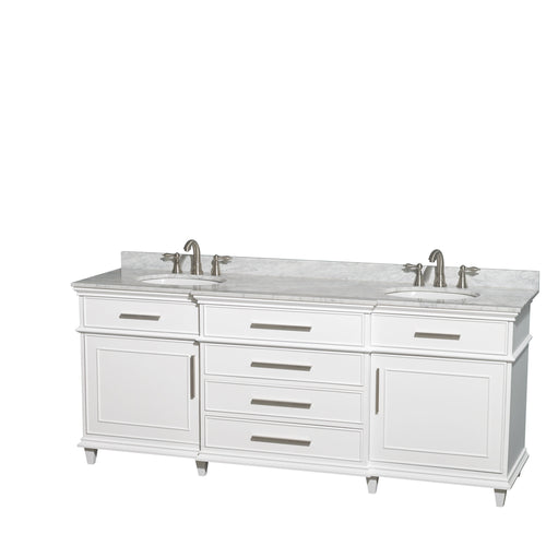 Wyndham Berkeley 80 Inch Double Bathroom Vanity in White with White Carrara Marble Top with White Undermount Oval Sinks and No Mirror- Wyndham