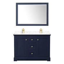 Load image into Gallery viewer, Wyndham Avery 48 Inch Double Bathroom Vanity in Dark Blue, Dark-Vein Carrara Cultured Marble Countertop, Undermount Square Sinks, 46 Inch Mirror- Wyndham