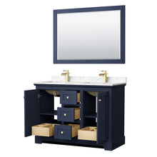 Load image into Gallery viewer, Wyndham Avery 48 Inch Double Bathroom Vanity in Dark Blue, Dark-Vein Carrara Cultured Marble Countertop, Undermount Square Sinks, 46 Inch Mirror- Wyndham