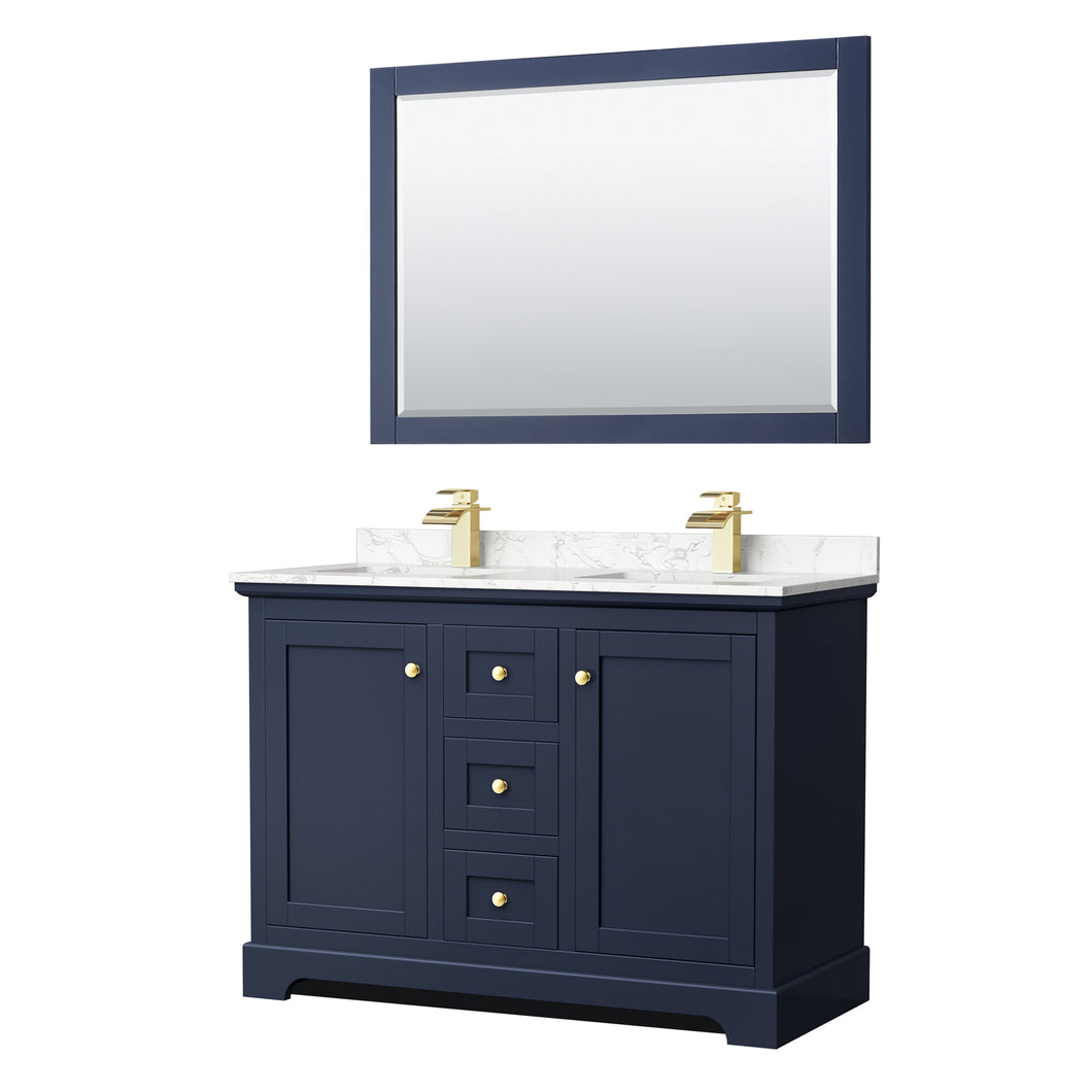 Wyndham Avery 48 Inch Double Bathroom Vanity in Dark Blue, Dark-Vein Carrara Cultured Marble Countertop, Undermount Square Sinks, 46 Inch Mirror- Wyndham