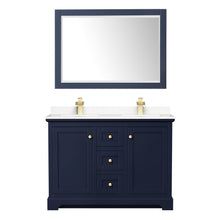 Load image into Gallery viewer, Wyndham Avery 48 Inch Double Bathroom Vanity in Dark Blue, Light-Vein Carrara Cultured Marble Countertop, Undermount Square Sinks, 46 Inch Mirror- Wyndham