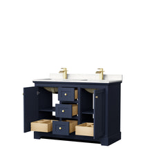 Load image into Gallery viewer, Wyndham Avery 48 Inch Double Bathroom Vanity in Dark Blue, Light-Vein Carrara Cultured Marble Countertop, Undermount Square Sinks, No Mirror- Wyndham