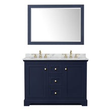 Load image into Gallery viewer, Wyndham Avery 48 Inch Double Bathroom Vanity in Dark Blue, White Carrara Marble Countertop, Undermount Oval Sinks, 46 Inch Mirror- Wyndham