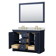 Load image into Gallery viewer, Wyndham Avery 48 Inch Double Bathroom Vanity in Dark Blue, White Carrara Marble Countertop, Undermount Oval Sinks, 46 Inch Mirror- Wyndham