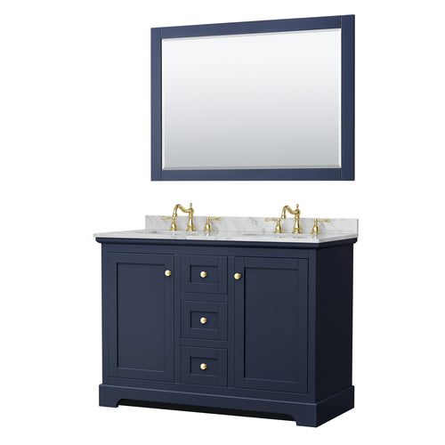 Wyndham Avery 48 Inch Double Bathroom Vanity in Dark Blue, White Carrara Marble Countertop, Undermount Oval Sinks, 46 Inch Mirror- Wyndham