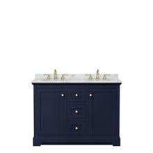 Load image into Gallery viewer, Wyndham Avery 48 Inch Double Bathroom Vanity in Dark Blue, White Carrara Marble Countertop, Undermount Oval Sinks, No Mirror- Wyndham