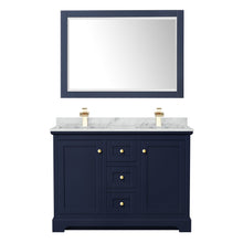 Load image into Gallery viewer, Wyndham Avery 48 Inch Double Bathroom Vanity in Dark Blue, White Carrara Marble Countertop, Undermount Square Sinks, 46 Inch Mirror- Wyndham