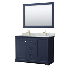 Load image into Gallery viewer, Wyndham Avery 48 Inch Double Bathroom Vanity in Dark Blue, White Carrara Marble Countertop, Undermount Square Sinks, 46 Inch Mirror- Wyndham